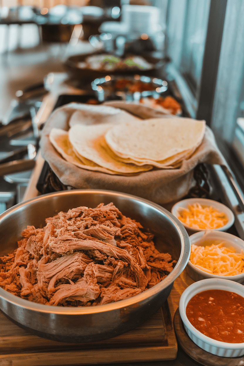 Indoor buffet line with a bowl of shredded cooked pork, soft tortillas wrapped in cloth, and small toppings bowls of cheese and mild salsa. No text or logos.