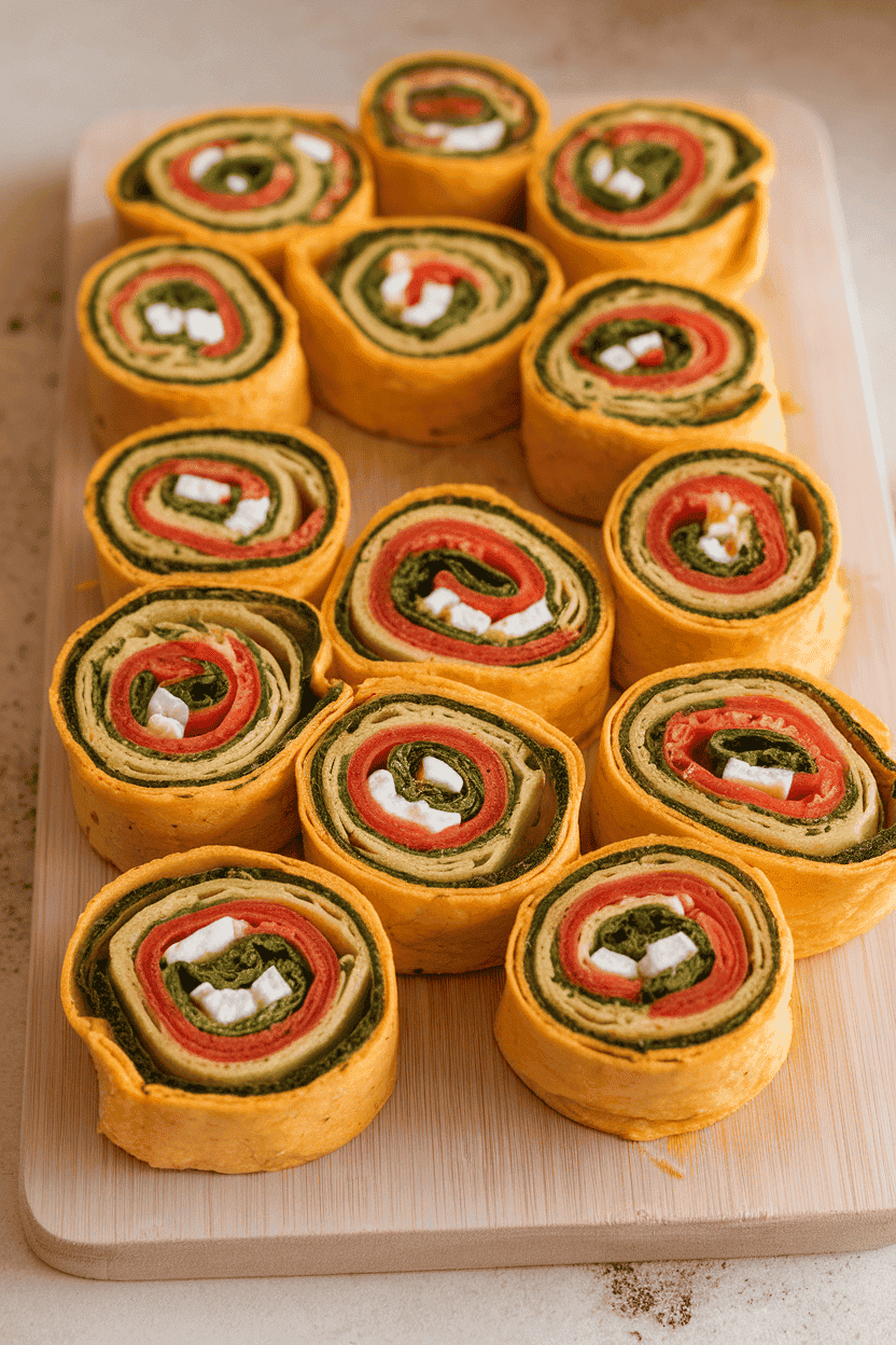 An indoor cutting board displaying colorful tortilla pinwheel slices with tomato, feta, and spinach spirals visible; no text or logos. Photo, not illustration.