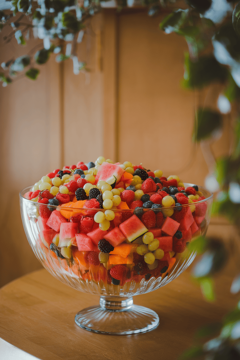 Indoor photo of a large glass bowl filled with colorful mixed fruit—melon, berries, grapes—glistening under a light honey glaze; no text or logos