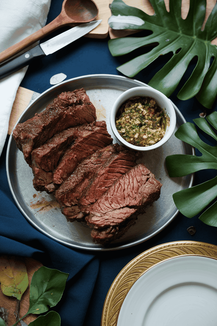 Indoor tabletop scene with cross-cut beef short ribs grilled to a rich brown, served on a metal tray beside a small bowl of chimichurri. Photo only, no text or logos.