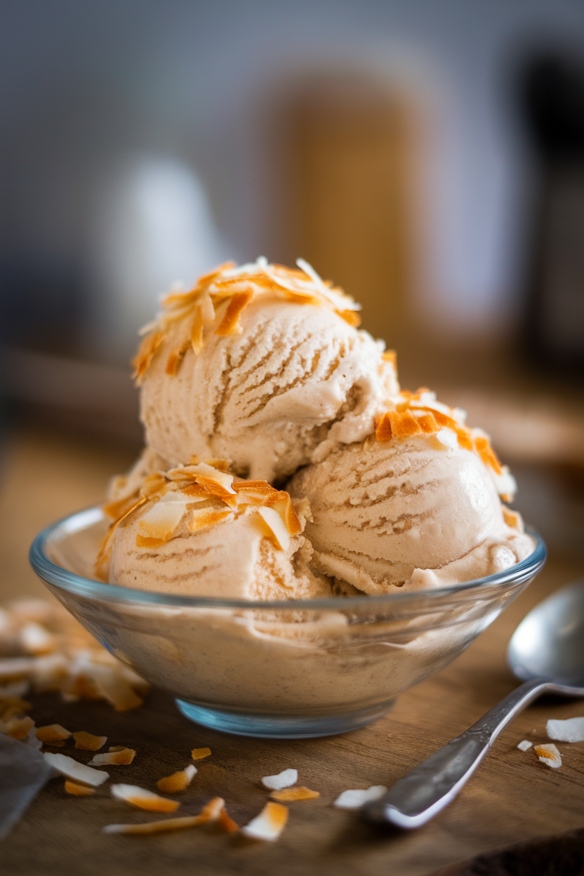 A bowl of creamy coconut ice cream garnished with toasted coconut flakes, indoor photo. No text or logos present.