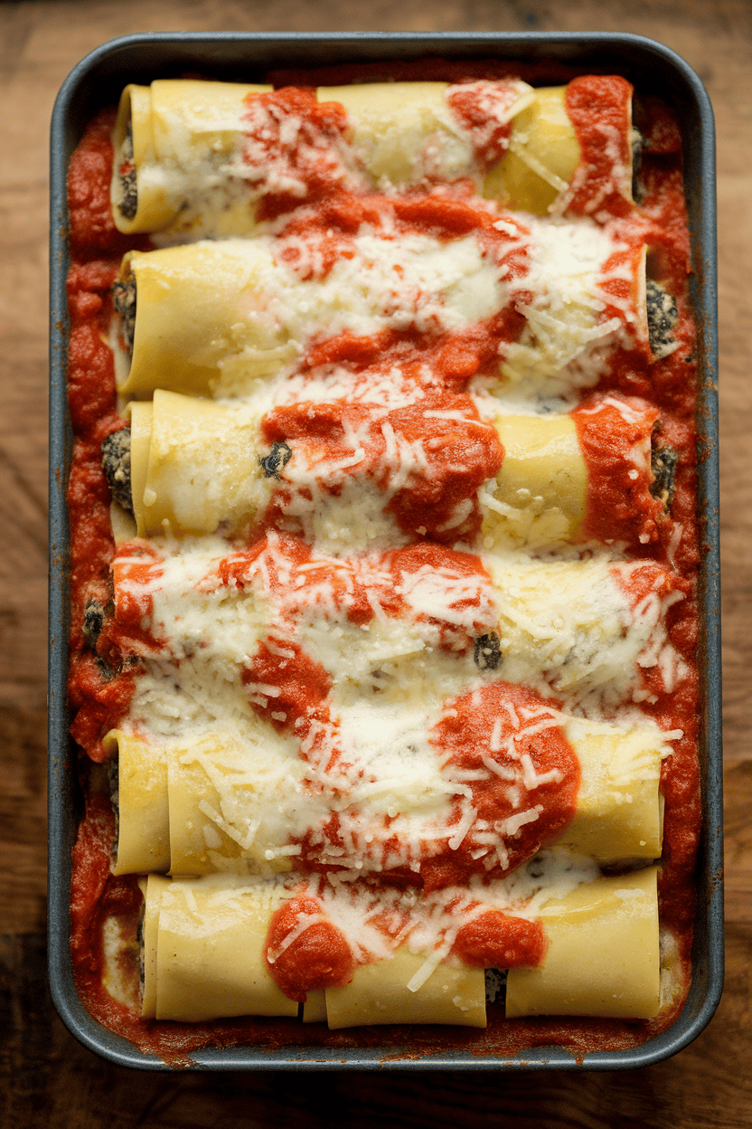 An indoor baking dish with neatly arranged lasagna noodles rolled around spinach-ricotta filling and topped with marinara and cheese, no logos.