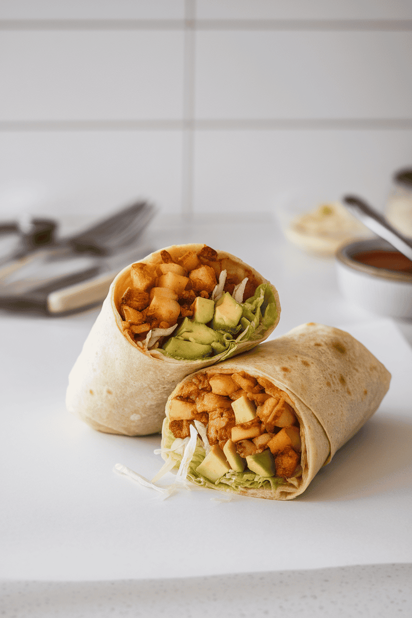 An indoor countertop scene with a burrito cut in half to reveal crispy pan-fried potato chunks, diced avocado, and shredded lettuce. No text or logos visible. Photo, not illustration.