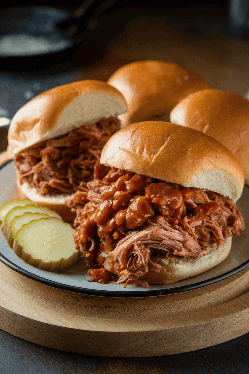Indoor photo of soft buns overflowing with saucy pulled pork, a side of pickles nearby on the plate. Warm lighting, no text or logos on any items.