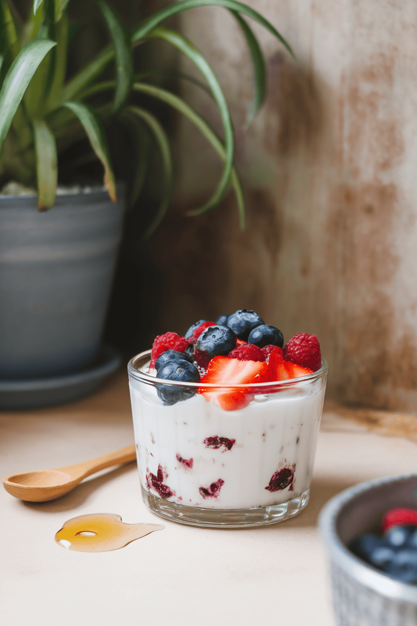An indoor breakfast nook with a glass bowl of thick Greek yogurt topped with a colorful mix of blueberries, raspberries, and sliced strawberries, a small drizzle of honey visible. No text or logos. Photo only.