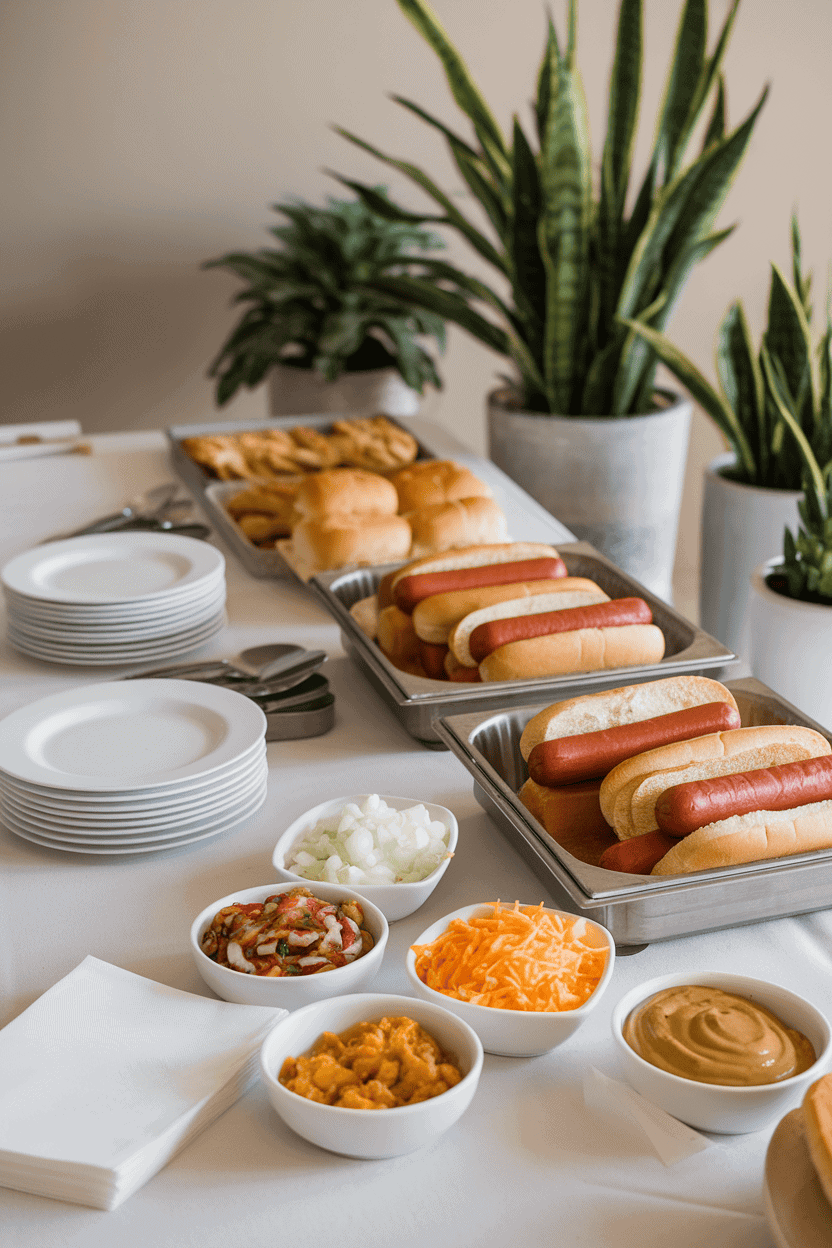 An indoor buffet table lined with steamed hot dogs, buns, and small bowls of relish, diced onions, shredded cheese, and mustard. No branding or logos present.