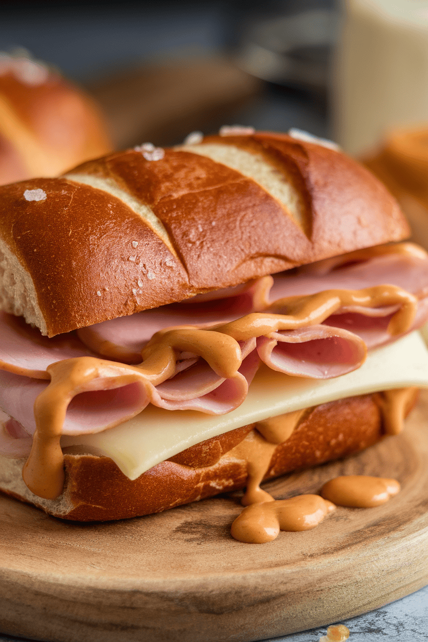 Indoor image of a pretzel roll sandwich with sliced ham, melted Swiss, and a brush of maple Dijon sauce, salt crystals on the roll visible. No branding, soft light.