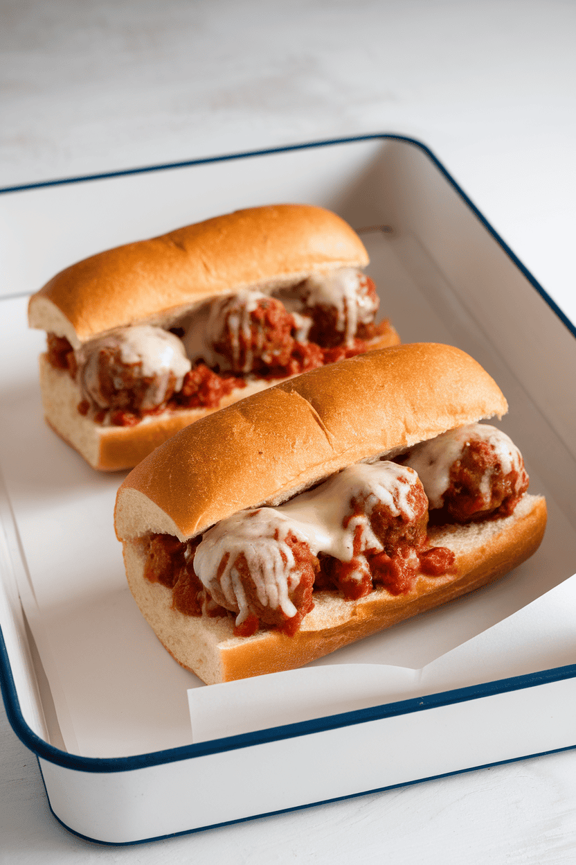 Photo of two small sub rolls filled with saucy meatballs and melted cheese, resting on an indoor tray; no text or logos present.