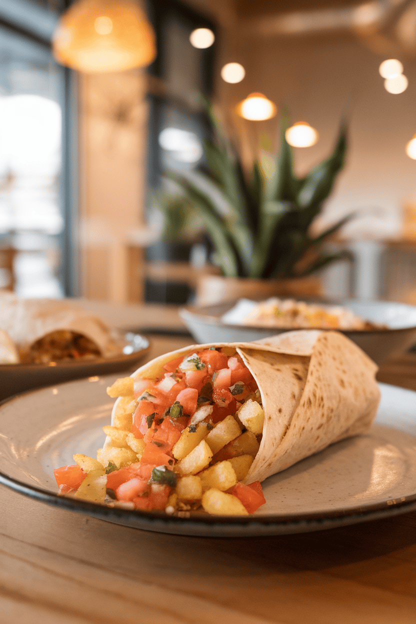 Indoor dining area with a burrito packed with golden hash browns and colorful pico de gallo spilling from the cut. No logos or text anywhere. Photo, not illustration.