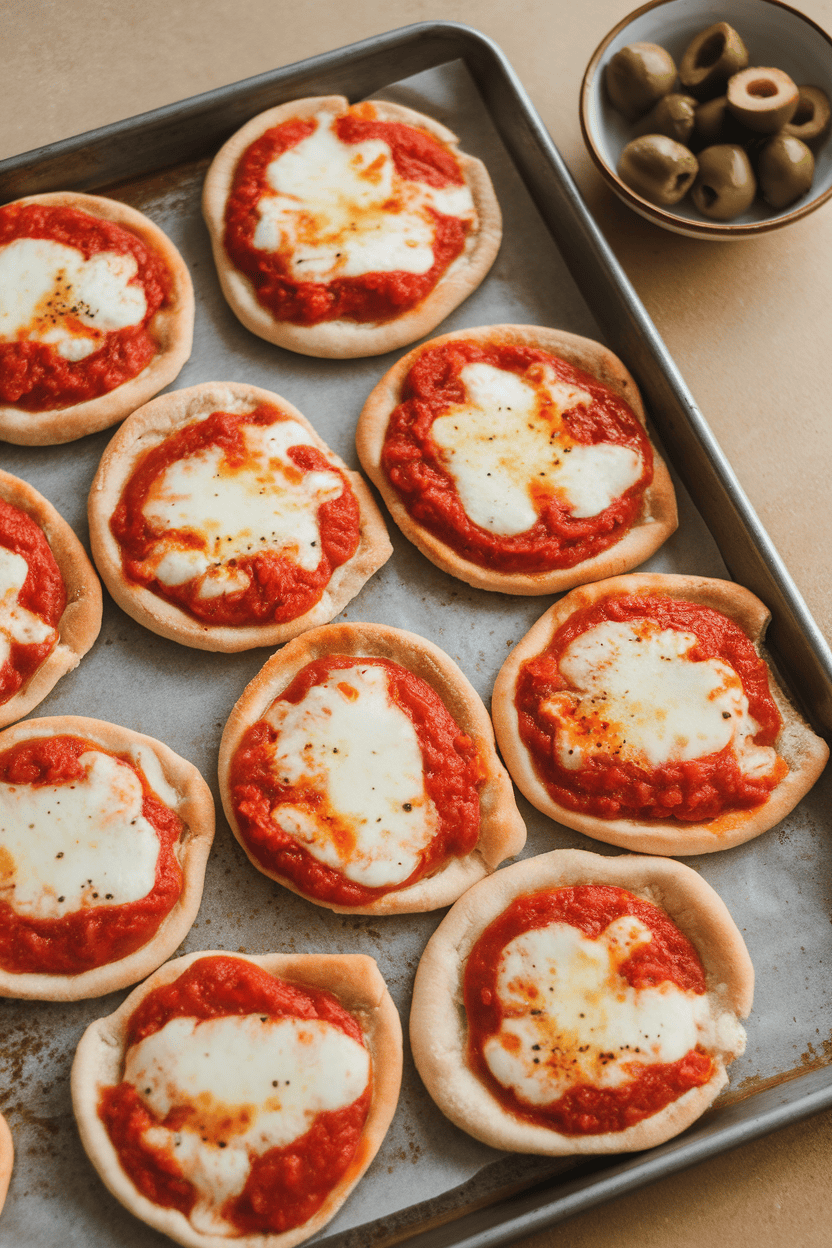Indoor photo of small pitas topped with melted mozzarella and tomato sauce on a baking sheet, a bowl of sliced olives nearby. No logos visible.