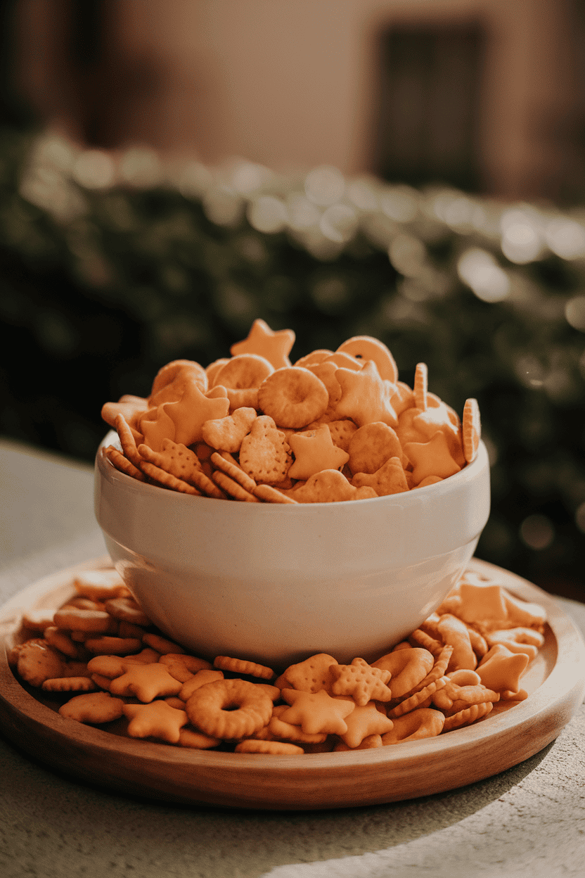 A white ceramic bowl indoors brimming with classic cheddar Goldfish crackers. Warm diffused lighting, no text or logos.