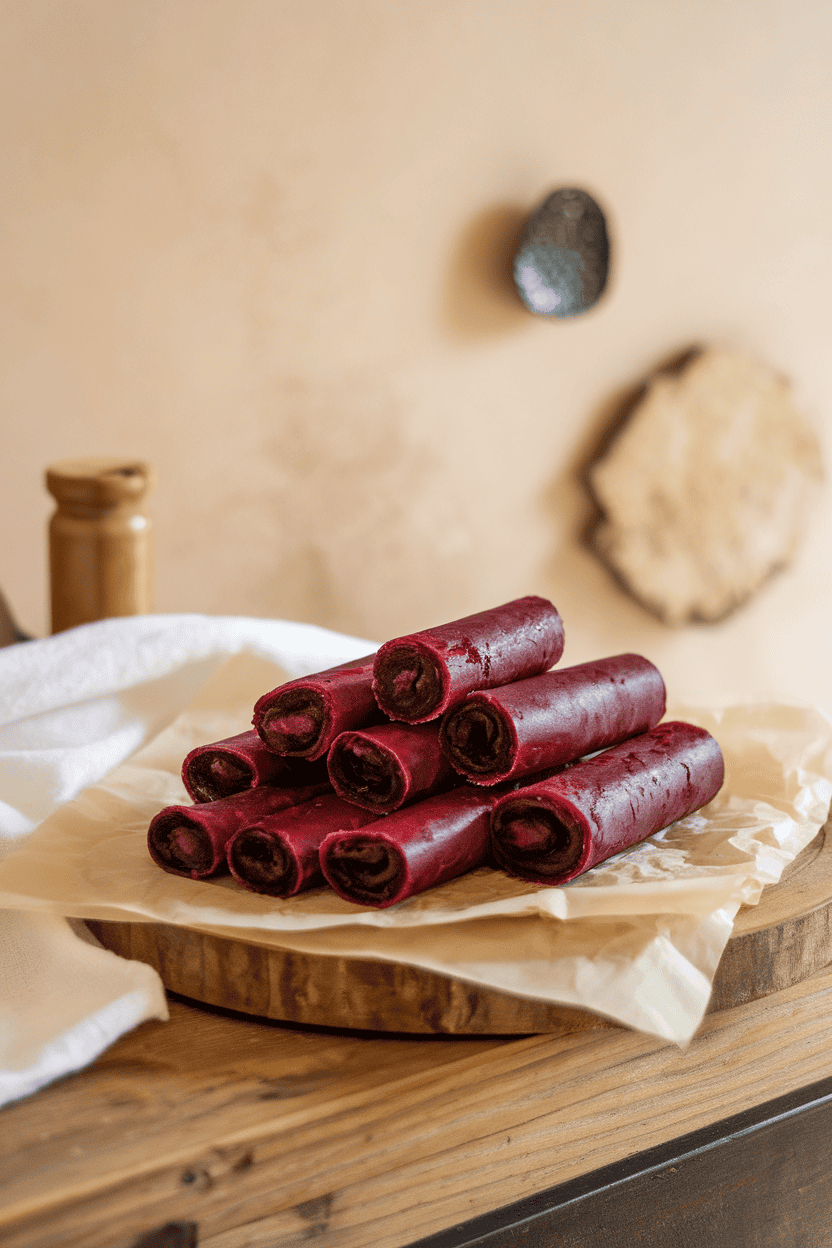 An indoor tabletop with several rolled strips of homemade berry fruit leather on unbleached parchment. No text or logos present. Photo, not illustration.