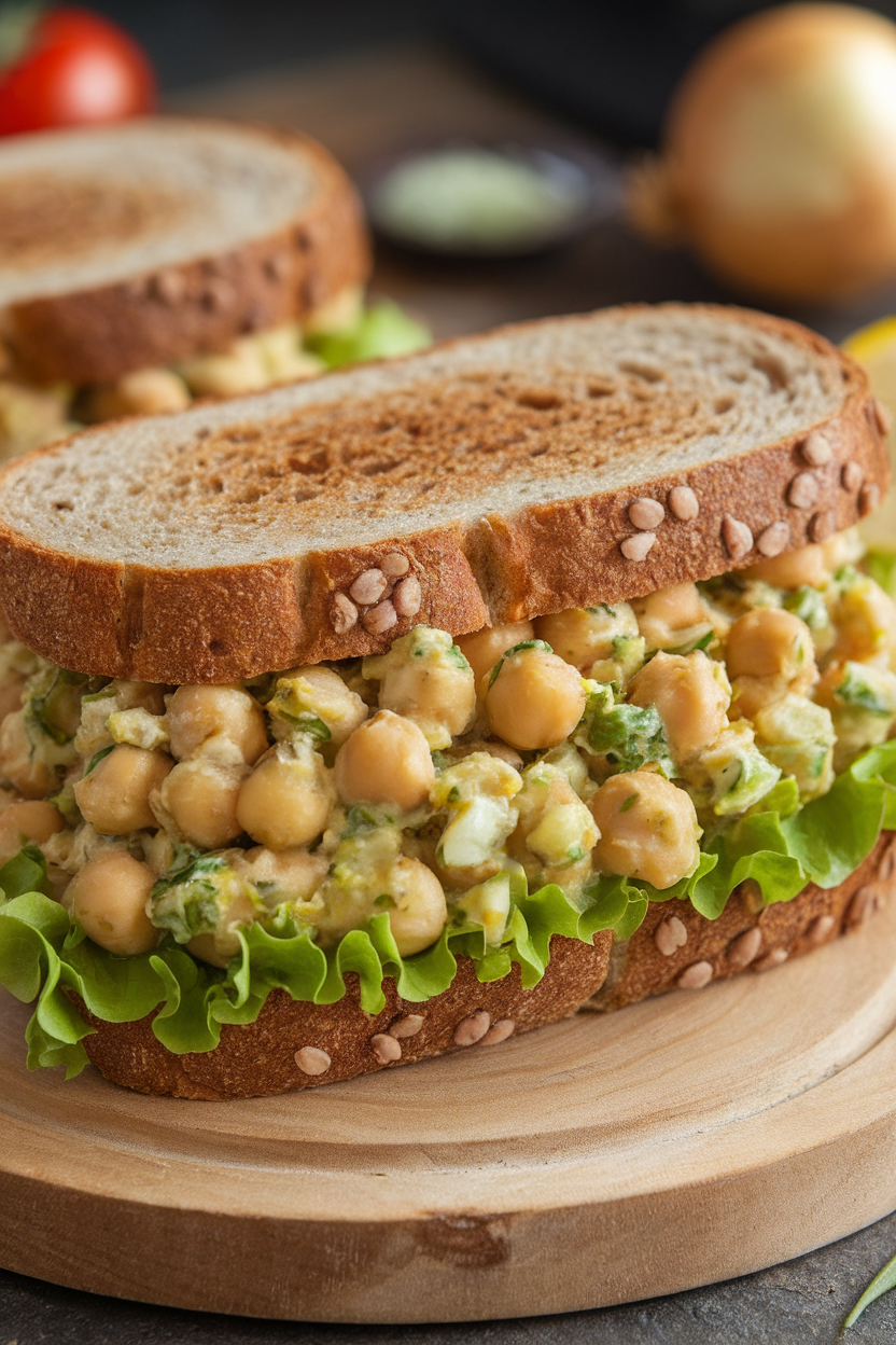 Indoor photo of a sandwich on whole-grain bread filled with mashed chickpea salad, lettuce leaves peeking out. No text or logos visible.