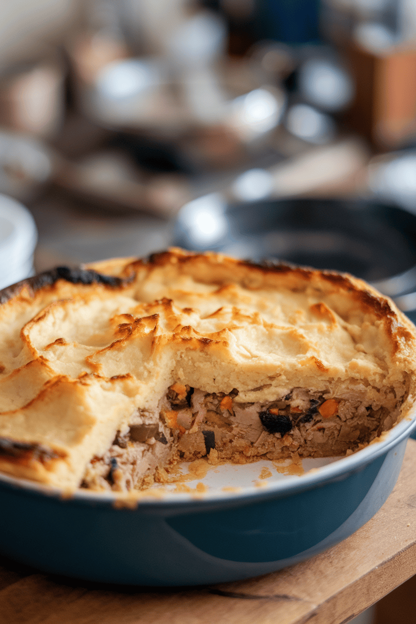 Indoor photo of an oven dish showing a slice removed from a mashed-potato-topped shepherd’s pie, revealing turkey and vegetable filling. No logos anywhere in view.
