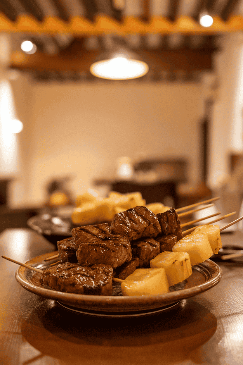 Warm indoor dining table featuring bamboo skewers threaded with glossy, grilled teriyaki flank steak cubes and pineapple chunks over a simple ceramic plate. Photo only, no text or logos.