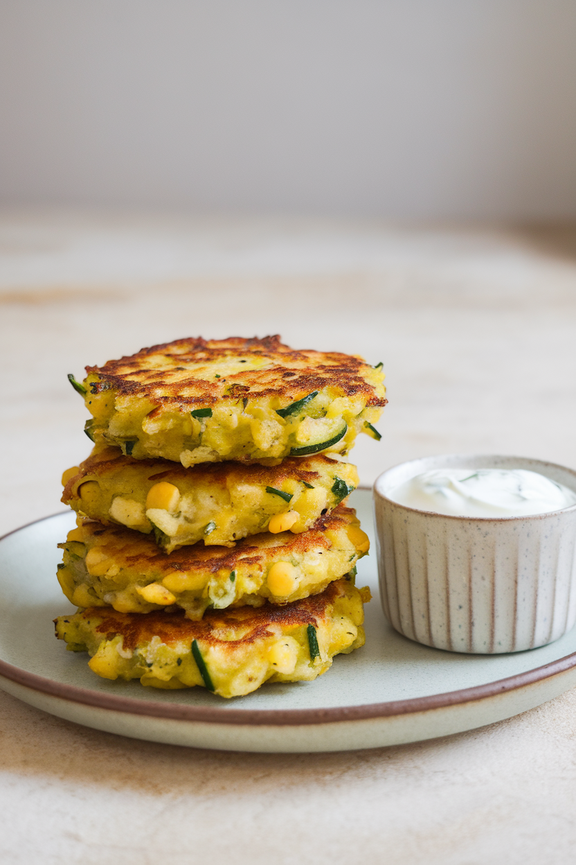 Indoor photo of a stack of golden zucchini corn fritters on a plain plate, with a small ramekin of yogurt dip alongside. No text or logos visible.
