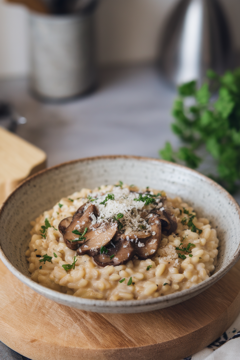 Indoor photo of a creamy mushroom risotto sprinkled with grated Parmesan and chopped parsley in a shallow white bowl. No text or branding.