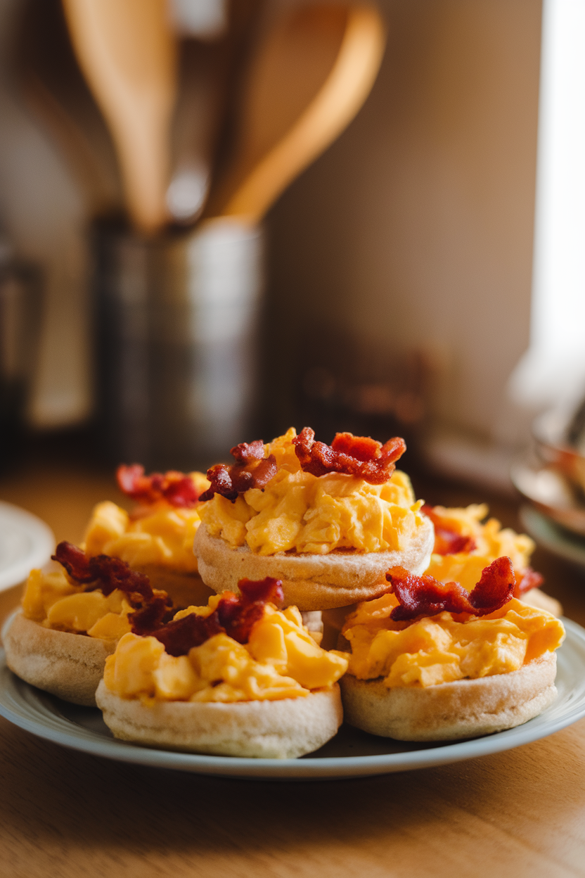 A warmly lit indoor scene with mini English muffin halves, scrambled egg strips, cooked bacon crumbles, and shredded Monterey Jack cheese in tidy piles—photo only, no logos.