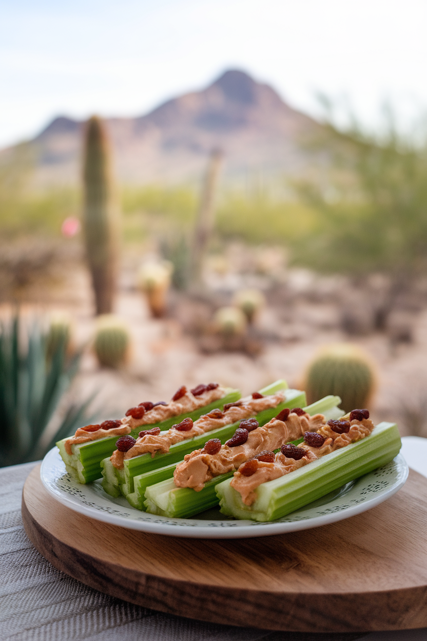 An indoor snack plate holding celery sticks filled with peanut butter and dotted with raisins, no text or logos, photo only.