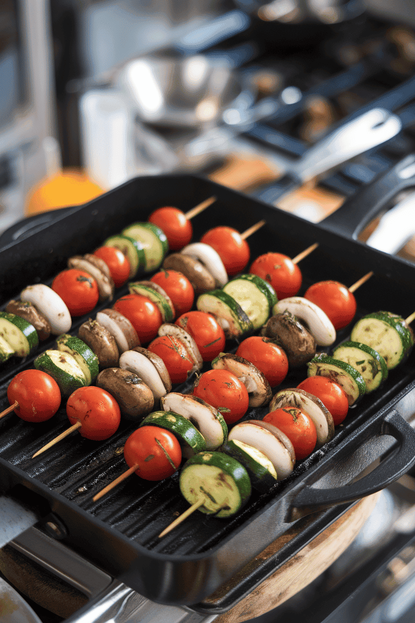 Indoor grill pan holding cooked skewers of zucchini, cherry tomatoes, mushrooms, and red onion, brushed with herb oil. No text or logos present.
