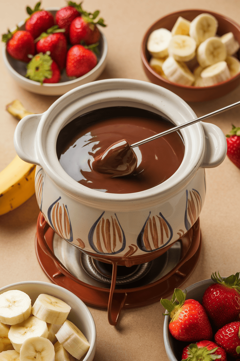 Indoor photo of a ceramic fondue pot filled with glossy melted chocolate, surrounded by bowls of sliced strawberries and banana chunks; gentle lighting; no text or logos