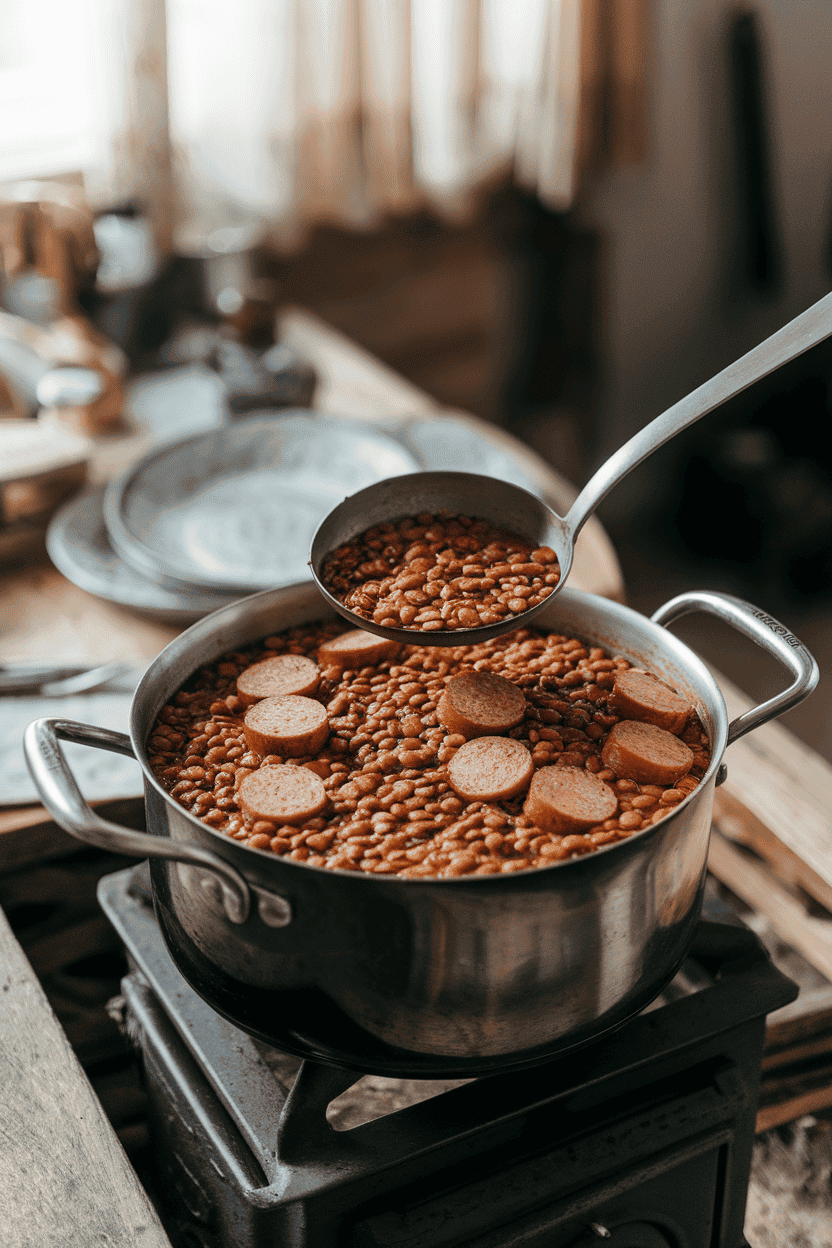 A rustic indoor table showing a ladle hovering over a pot of thick lentil stew dotted with sliced cooked sausage—photo, no text or logos.