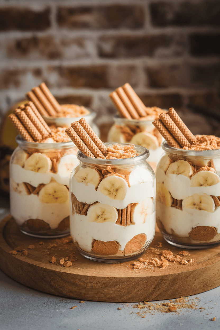 Indoor photo of individual glass jars layered with vanilla pudding, sliced bananas, and wafer cookies, a dusting of crushed wafers on top; soft lighting; no text or logos