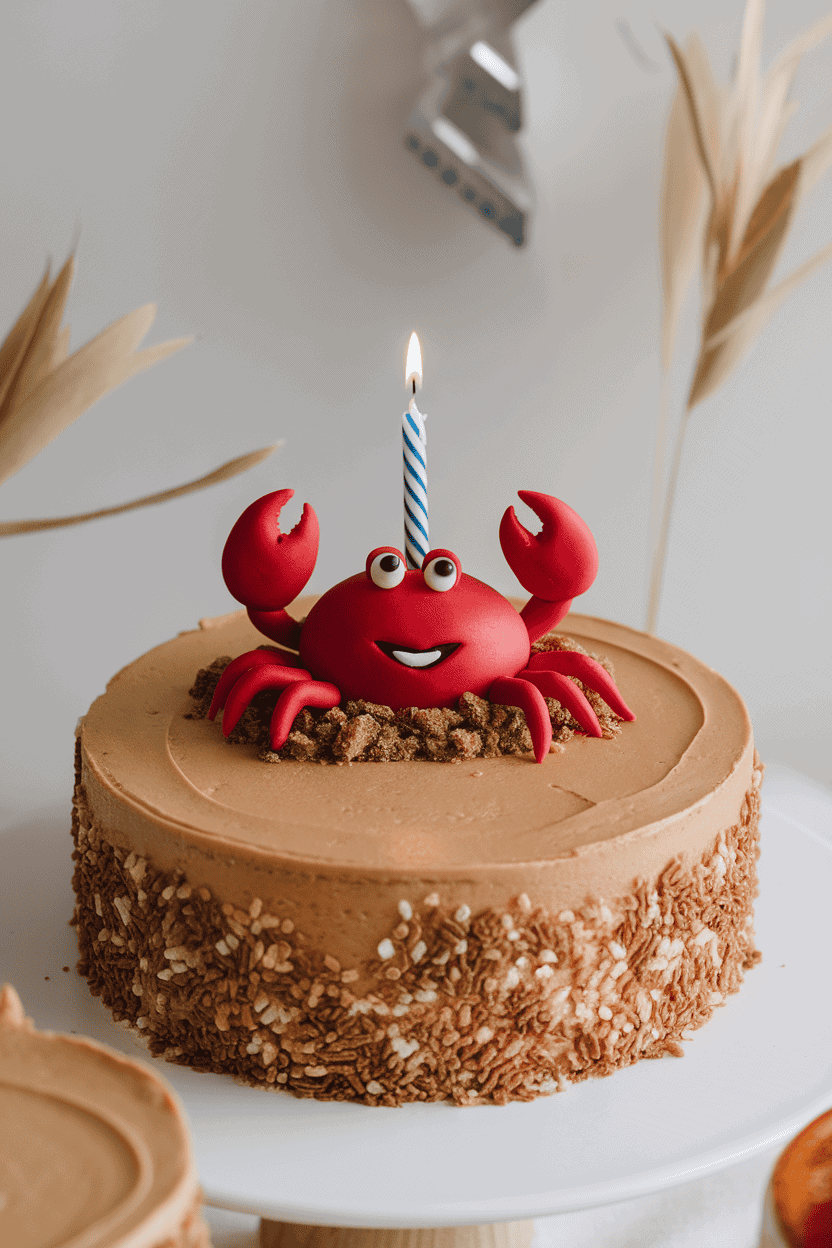 Indoor photo of a round caramel-iced cake topped with a cheerful red fondant crab holding a tiny candle, sitting on brown sugar “sand”; no text or logos.