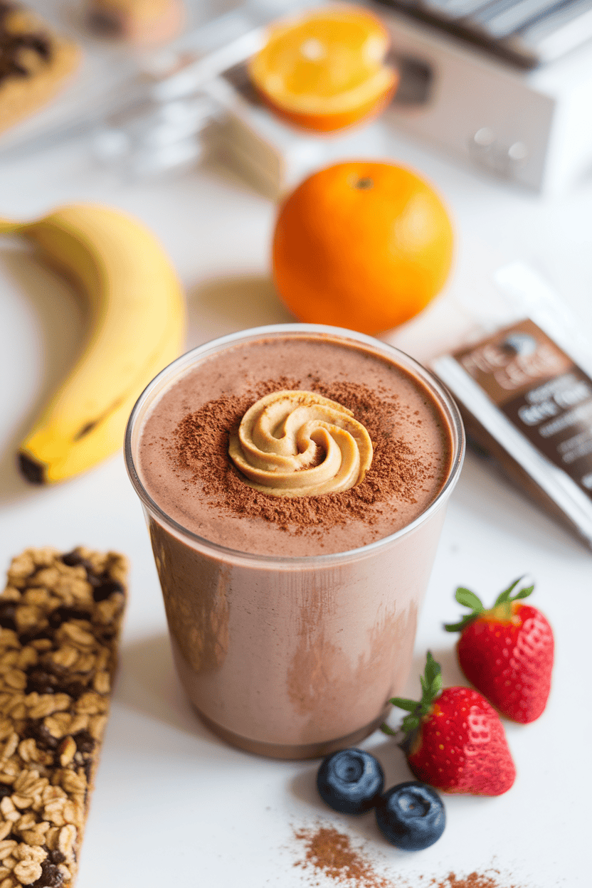 An indoor breakfast bar with a chocolate-colored smoothie topped with a small swirl of peanut butter, cocoa powder sprinkled nearby. Photo, no text or logos.