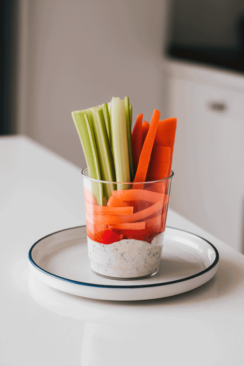 An indoor counter featuring clear cups layered with celery, carrot, and bell-pepper sticks standing upright in a dollop of ranch dressing at the bottom. No text or logos visible. Photo, not illustration.