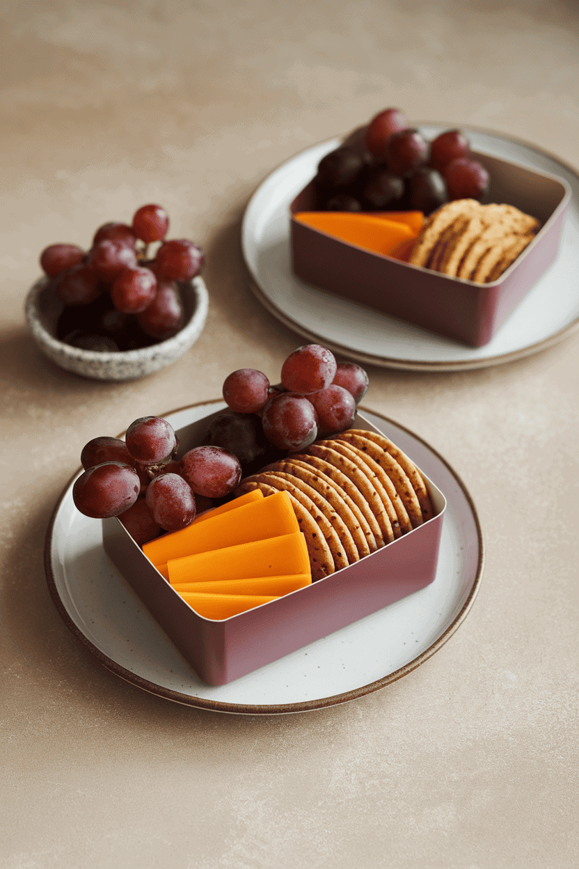 An indoor tabletop featuring bento-style snack boxes filled with sliced cheddar, whole-grain crackers, and a few red grape clusters. Neutral linens, no text or logos.