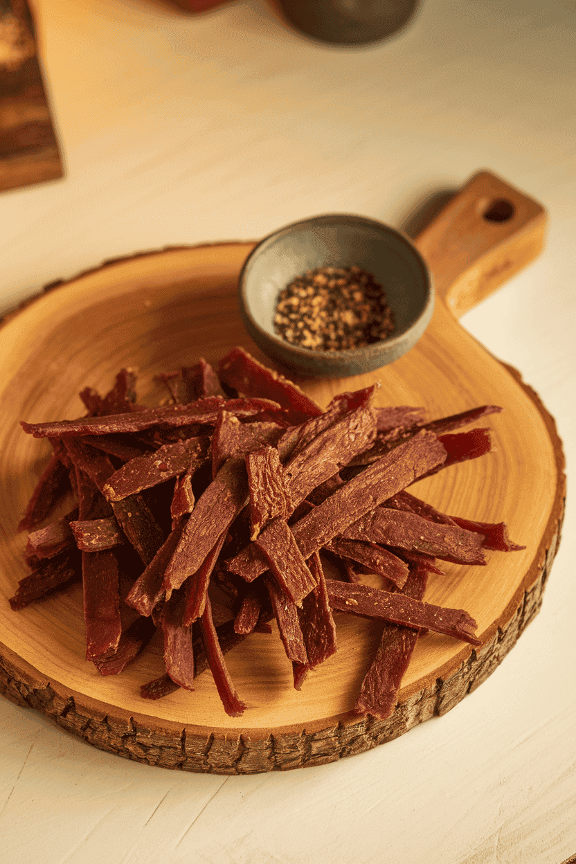 An indoor wooden serving board featuring thin strips of cooked beef jerky arranged in a casual pile, a small bowl of pepper flakes off to the side. Warm overhead lighting; no text or logos; photo, not illustration.