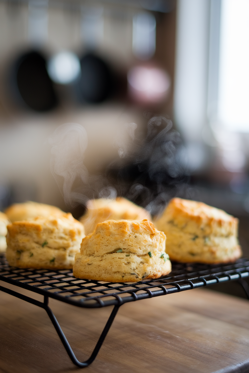 Photo of an indoor wire rack holding golden cheddar-chive scones, steam faintly visible. Angled side view; no logos or text.