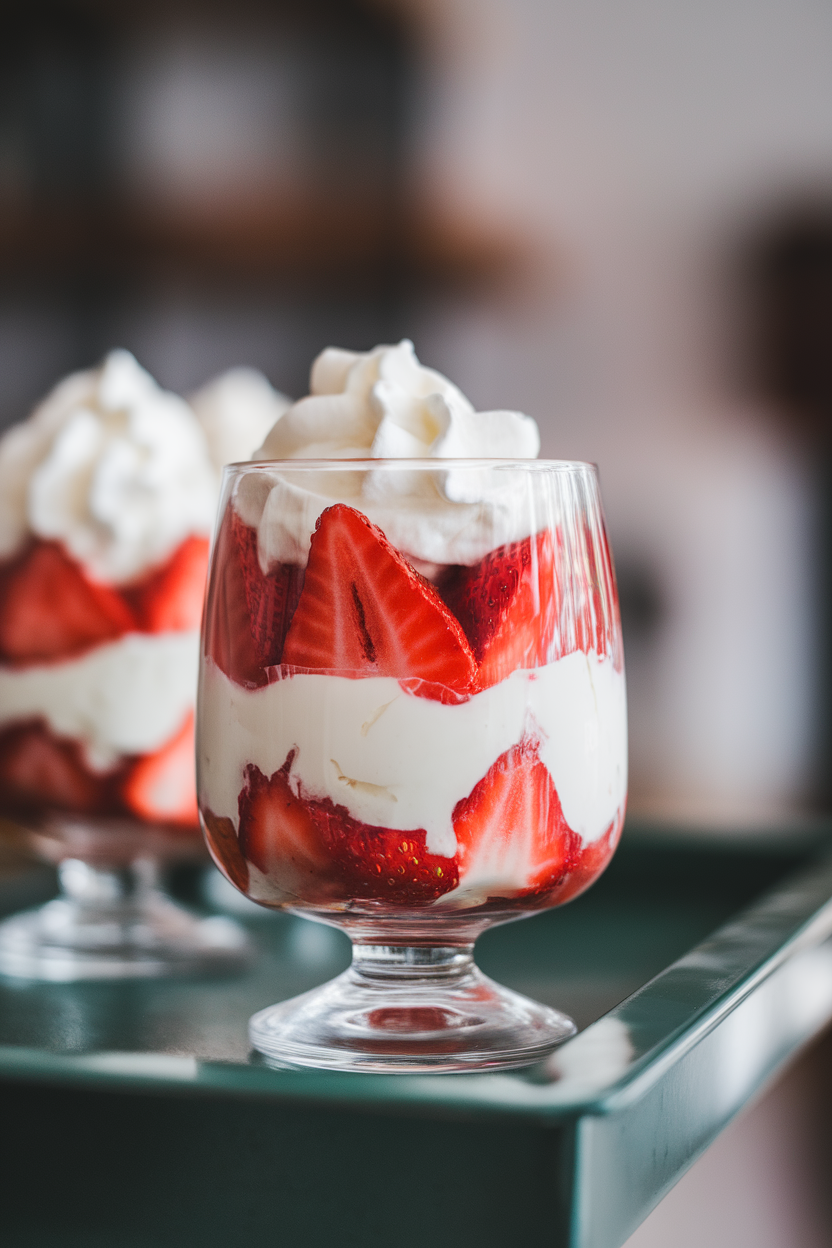 A glass dessert cup layered with macerated strawberries and lightly whipped cream, set on an indoor tray. Photo, no text or logos.