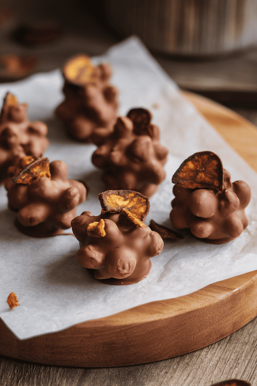 Indoor photo of irregular chocolate clusters studded with plantain chip pieces on wax paper, soft side light, no text or logos
