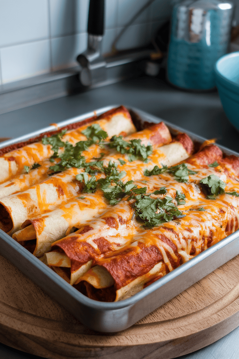 An indoor kitchen counter with a baking dish of bubbly, cheese-topped enchiladas, edges slightly crisp, garnished with chopped cilantro; no text or logos present.
