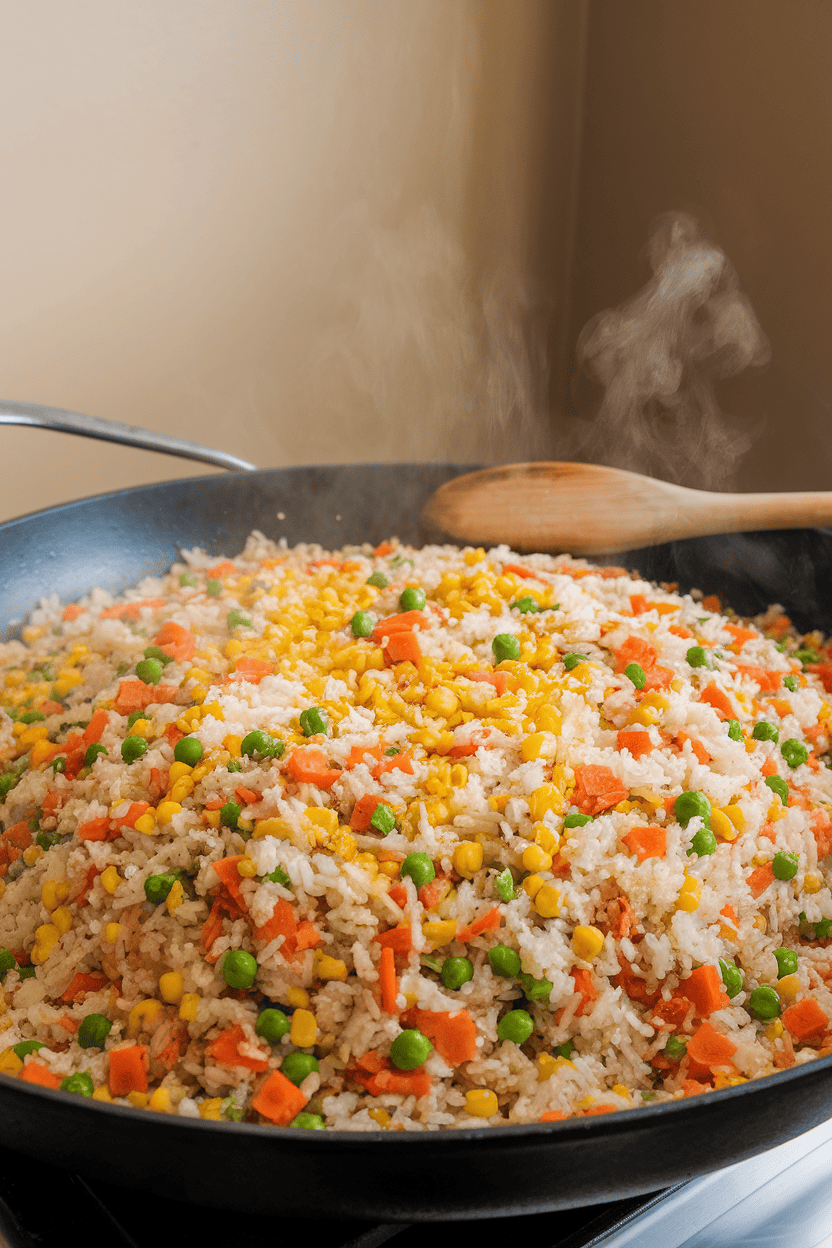 Indoor photo of a large skillet filled with colorful fried rice—bits of carrot, peas, corn, and scrambled egg—steam rising gently; wooden spoon visible; no text or logos.