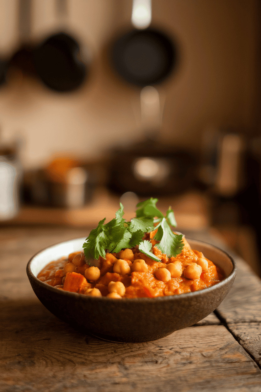 Photo of a rustic bowl of thick sweet potato and chickpea stew garnished with cilantro on an indoor wooden table. No text or logos present.