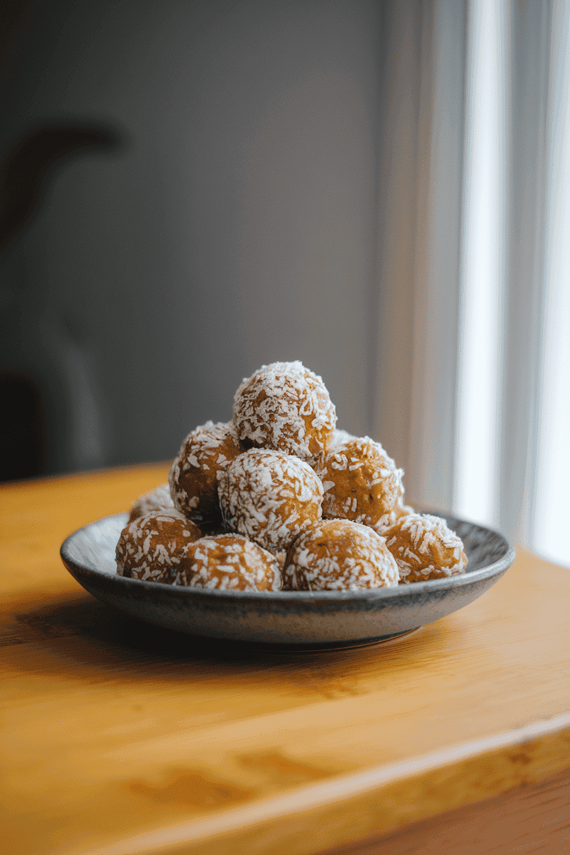 A ceramic plate on an indoor wooden table topped with round peanut-butter oat energy balls rolled in shredded coconut. Soft window light from the side; no text or logos; photo, not illustration.