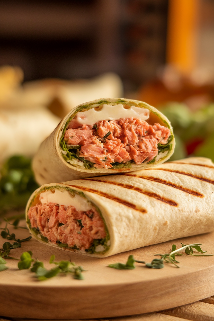 Indoor photo of a grilled tortilla wrap cut in half to reveal tuna salad and melted cheese. No text or logos visible.