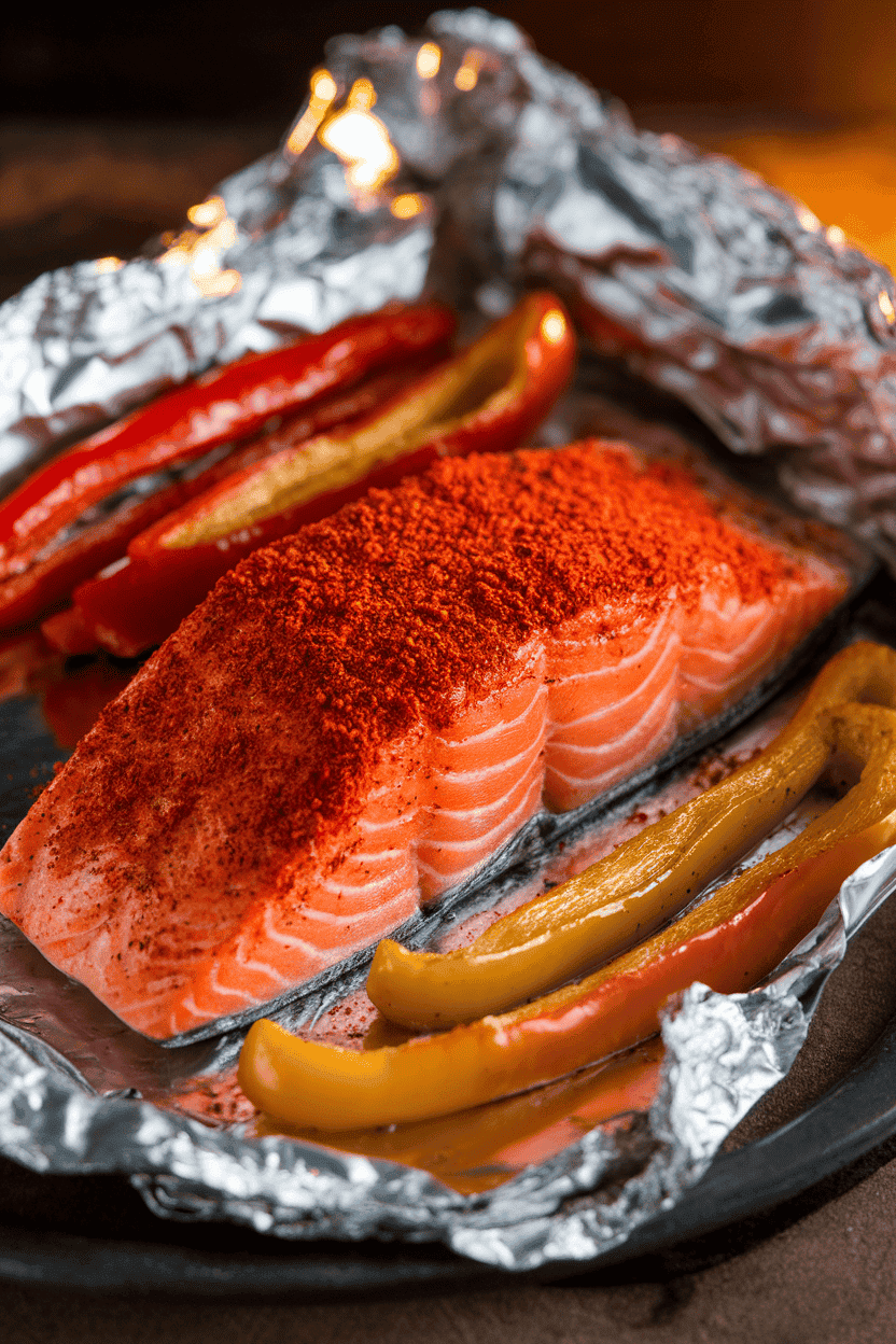 A cooked salmon fillet coated in red Cajun seasoning sits on foil beside roasted bell pepper strips, photographed indoors under warm lighting. No text or logos included.