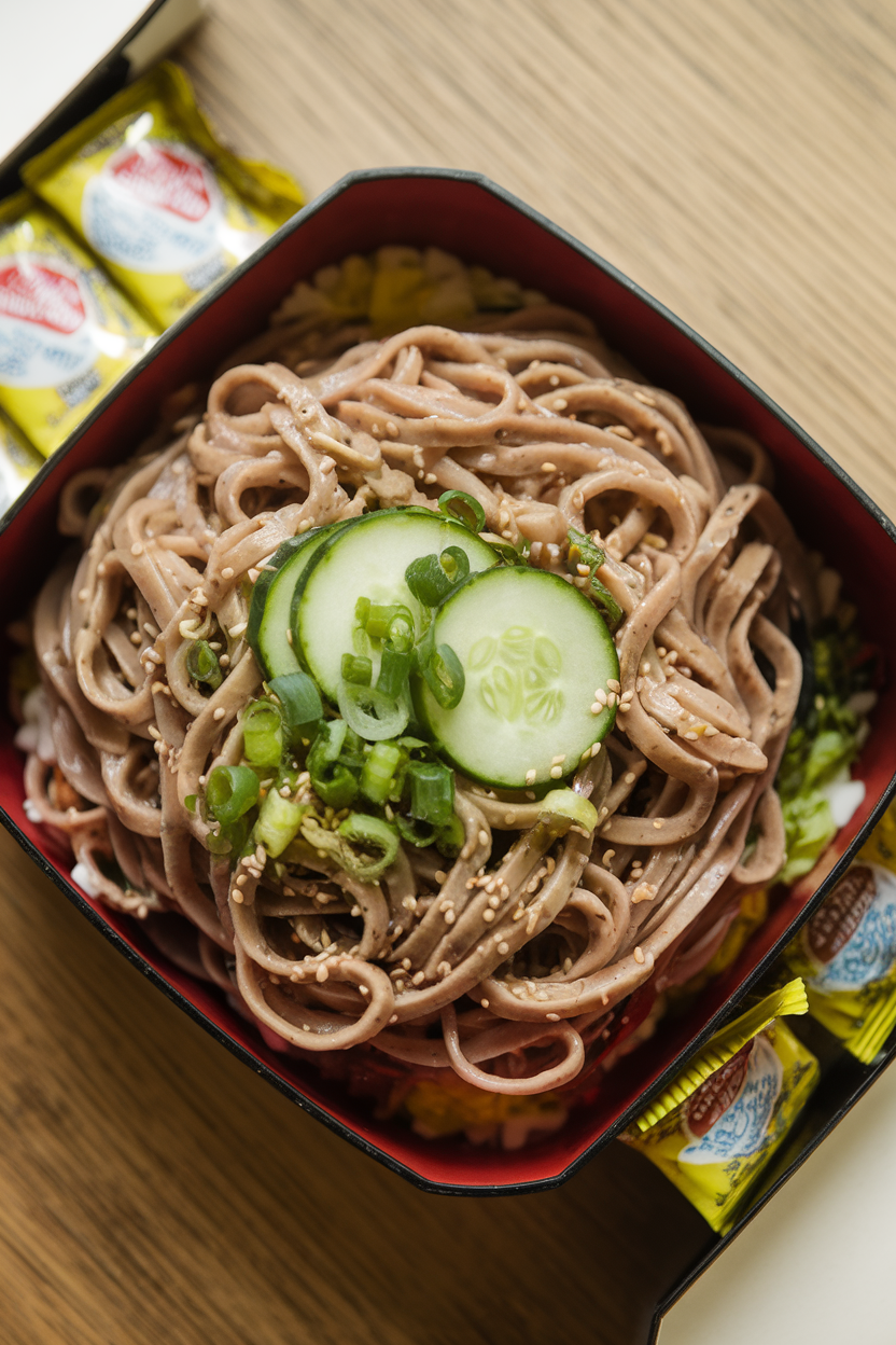 Photo of an indoor bento box filled with chilled soba noodles tossed in sesame dressing, topped with sliced cucumbers and scallions. Overhead shot; no logos or text.
