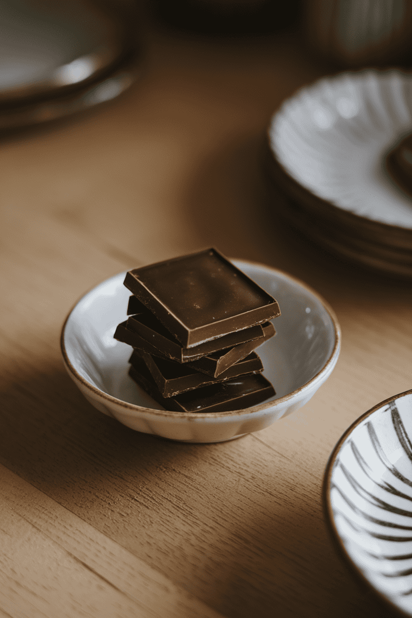 A softly lit indoor scene with neatly stacked dark chocolate squares on a small porcelain dish, no text or logos visible, photo.