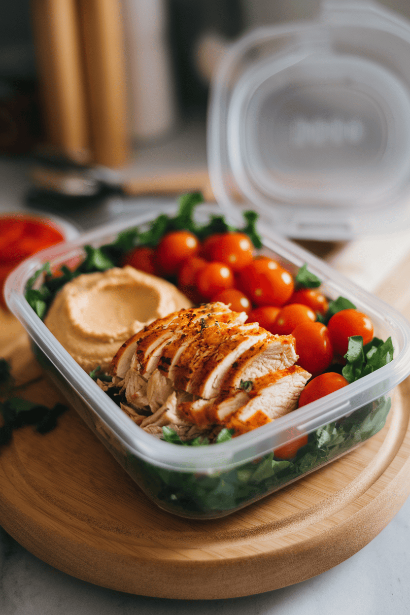 An indoor meal prep container holding pulled rotisserie chicken, a dollop of hummus, and bright grape tomatoes; no text or logos; photo only.