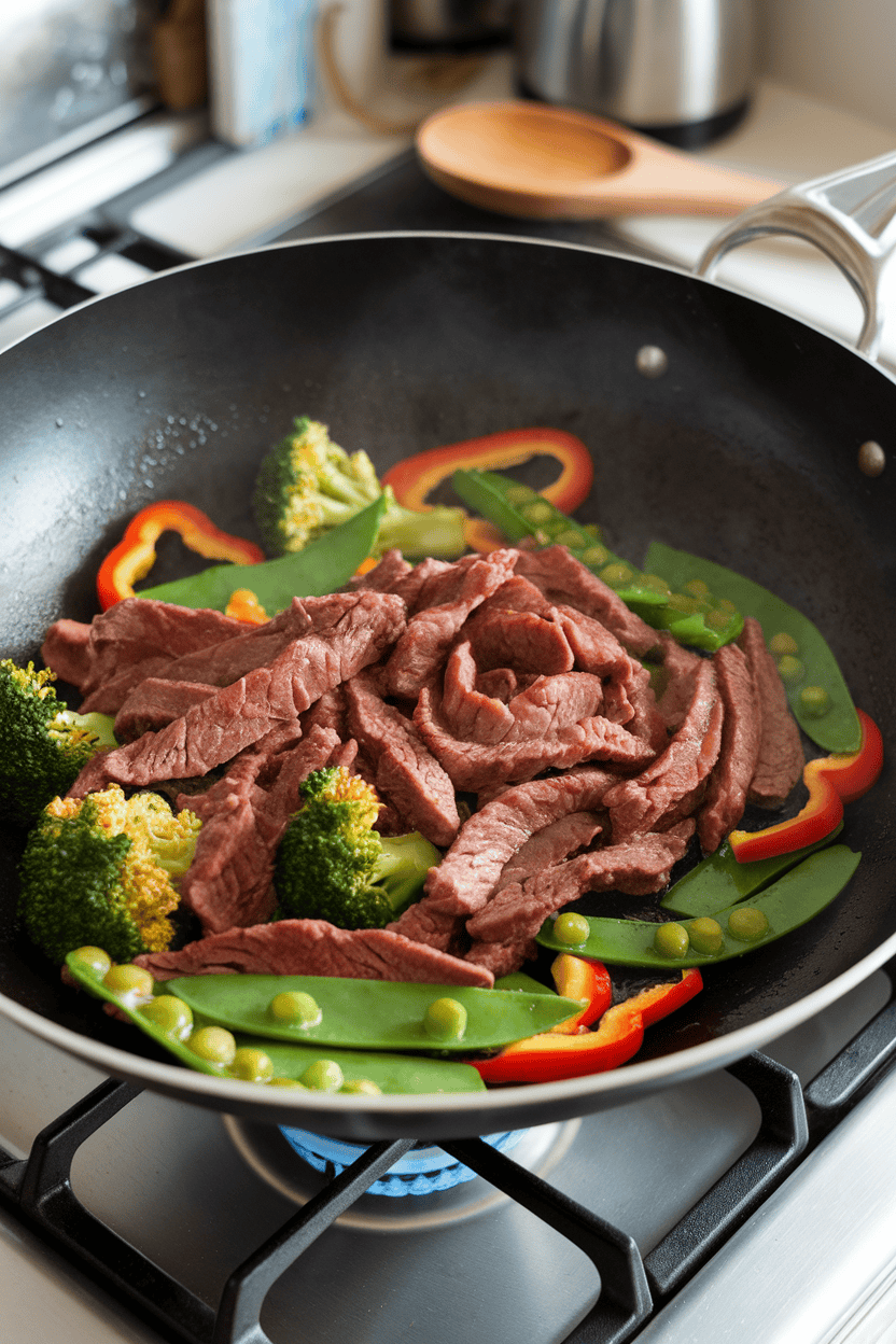 An indoor stovetop shot of a sizzling wok filled with thin beef strips, broccoli florets, bell pepper slices, and snap peas glistening in soy-ginger sauce; no text or logos on cookware.