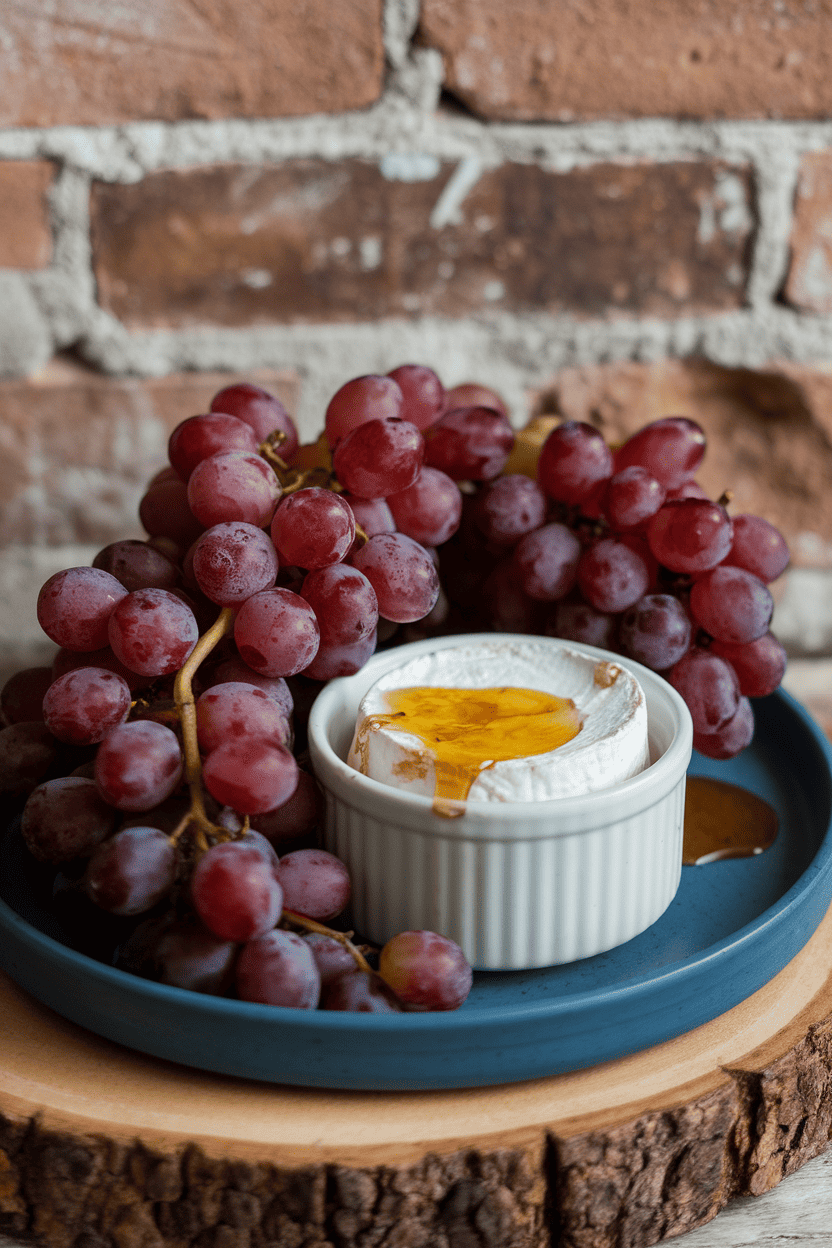 An indoor platter featuring clusters of red grapes alongside a small ramekin of soft goat cheese drizzled with a bit of raw honey. No text or logos. Photo only.