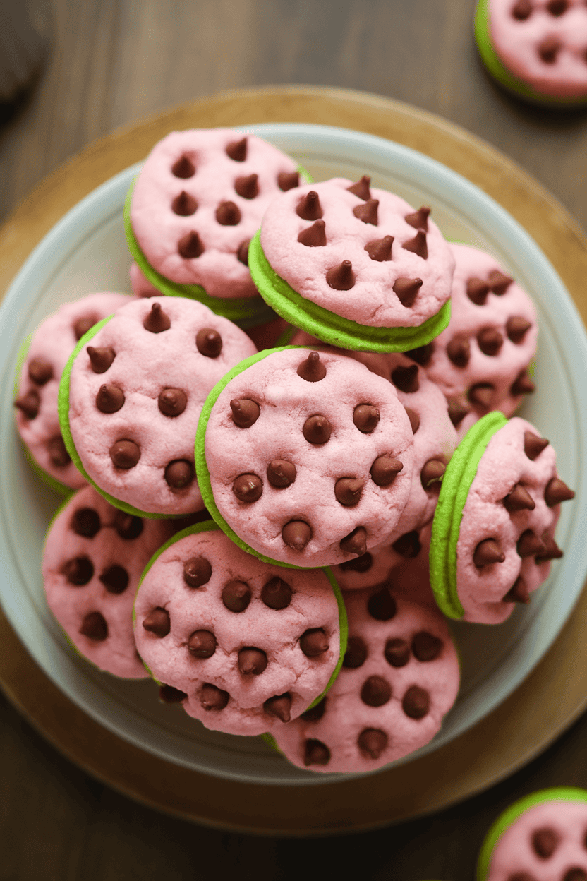 Indoor photo of round cookies dyed pink with mini chocolate chip “seeds” and a thin green outer ring, stacked on a plate, top-down view, no text or logos