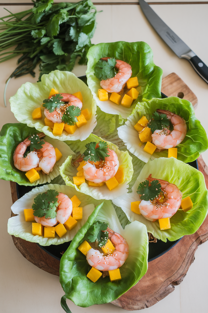 Photo of an indoor platter featuring butter lettuce leaves each holding cooked garlic shrimp, diced mango, and cilantro. Bright overhead lighting; no logos or text visible.
