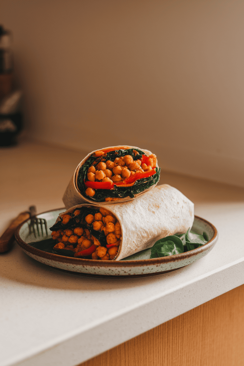 A softly lit indoor kitchen island displaying a burrito bursting with mashed spiced chickpeas, sautéed bell peppers, and spinach. No text or logos visible. Photo, not illustration.