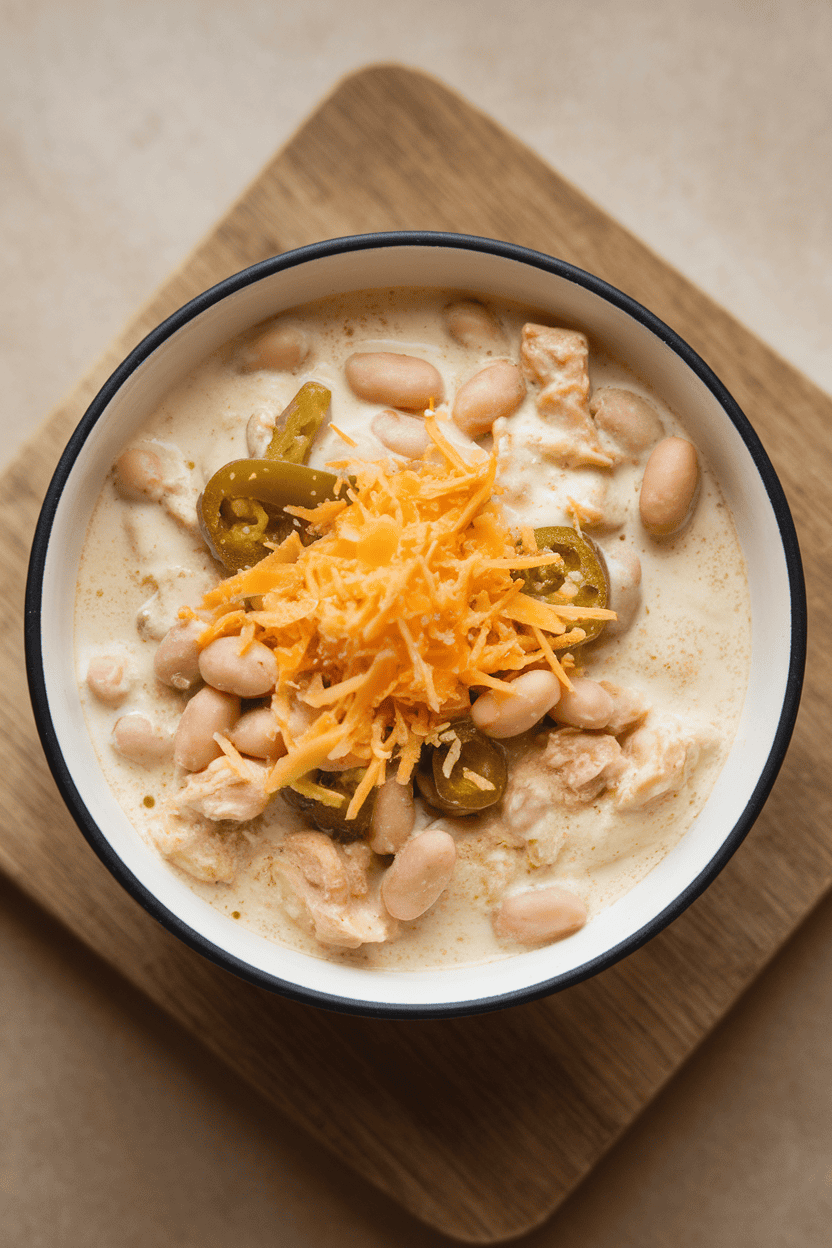 Photo of a bowl of creamy white chicken chili with cannellini beans, green chiles, and a sprinkle of shredded Monterey Jack; indoor, overhead; no text or logos.